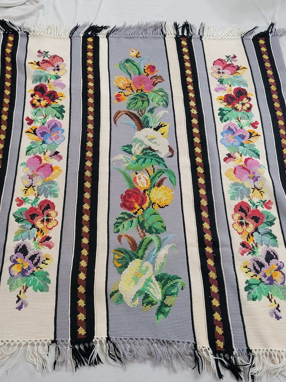 Vintage Handmade Floral Tunisian Crocheted Tapestry Blanket Afghan